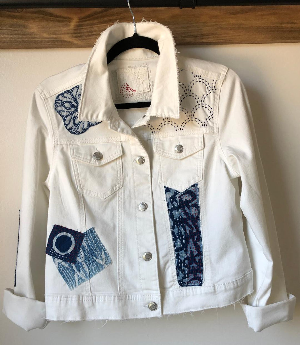 White denim jacket outlet with patches